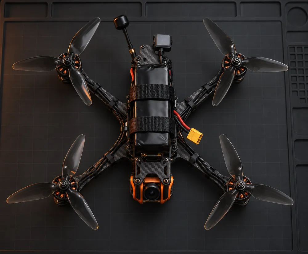 Vue photoréaliste reconstituée d’un drone FPV, vu du dessus, avec sa batterie et ses quatre moteurs.