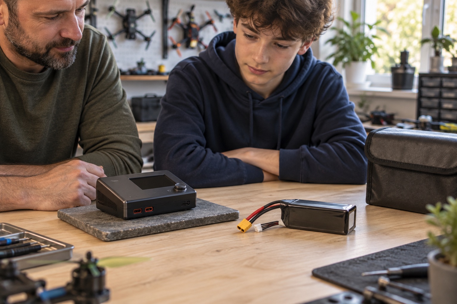Un adulte et un adolescent observent un chargeur et une batterie LiPo encore déconnectés sur un établi ordonné
