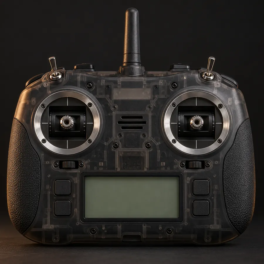 Radiocommande compacte, vue de face sur fond sombre